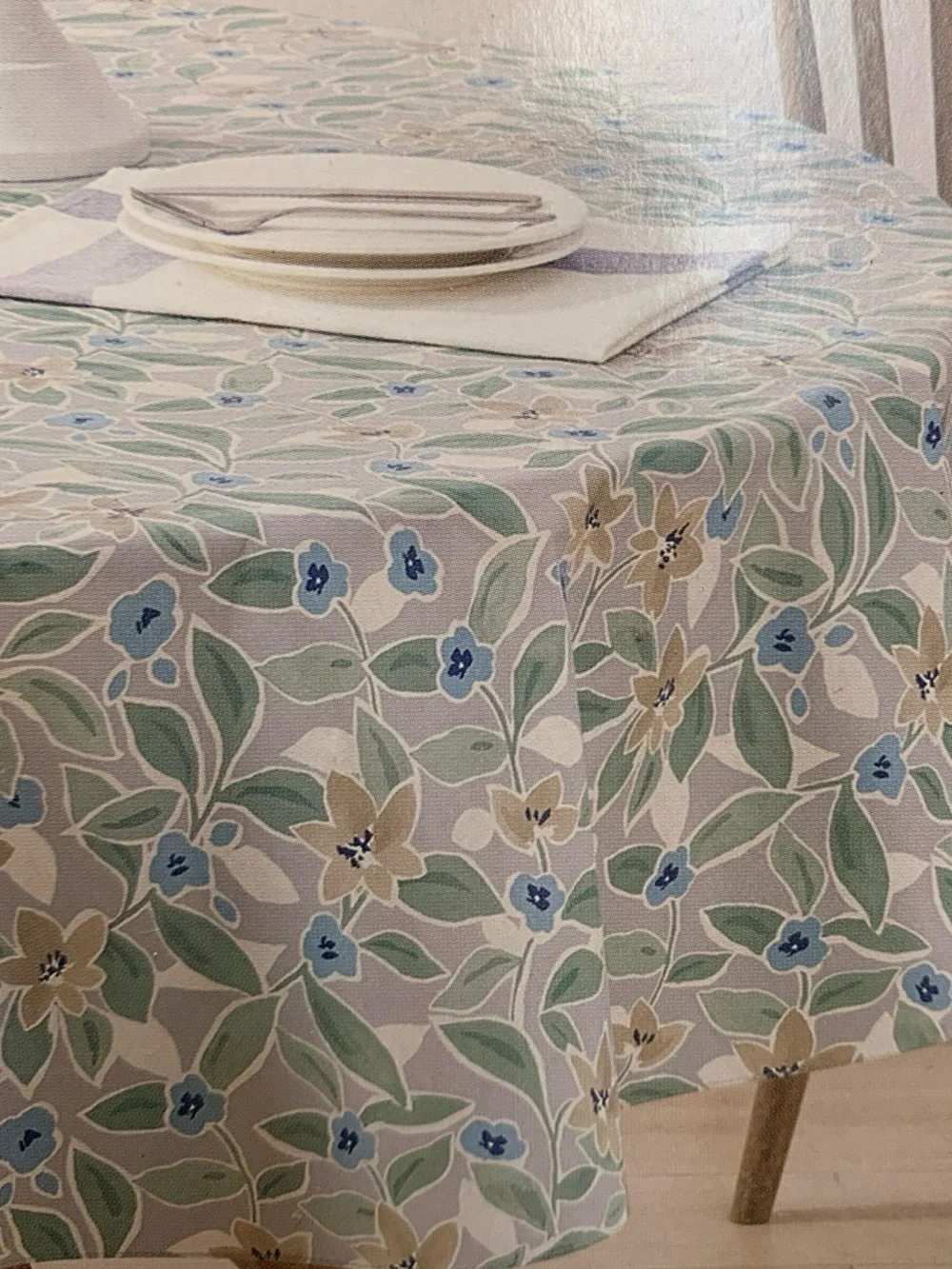 Floral Print Tablecloth in Blue/Gray/Green 70” round flocked back PEVA vinyl